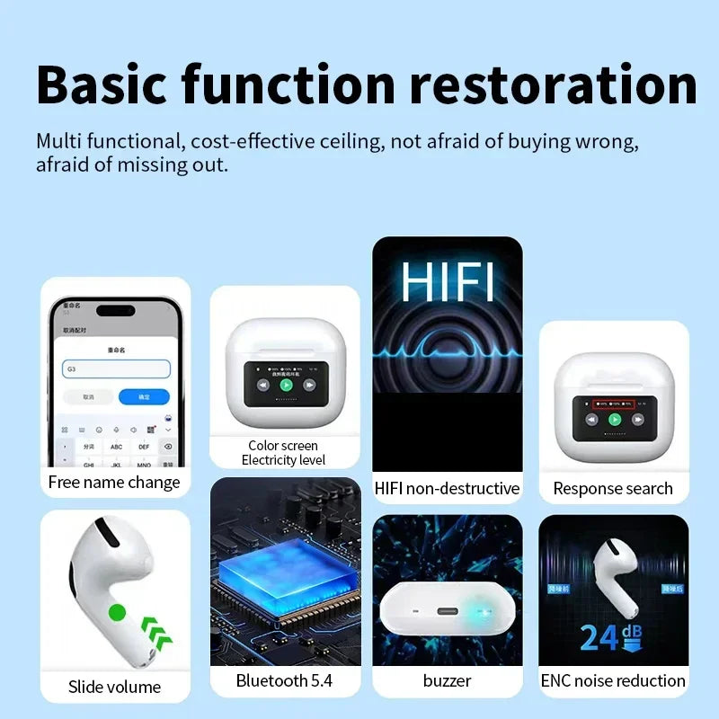 A10 Pro ANC Wireless Bluetooth 5.3 Earphones App Noise-Canceling Call Headphones Waterproof Sports Gaming Touch Screen Headset