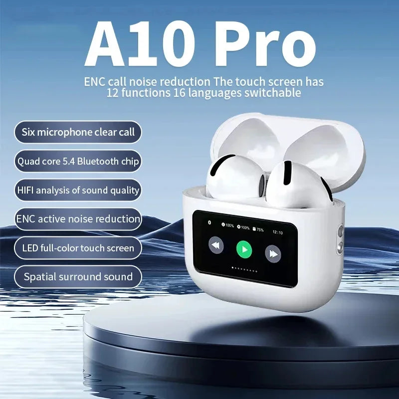 A10 Pro ANC Wireless Bluetooth 5.3 Earphones App Noise-Canceling Call Headphones Waterproof Sports Gaming Touch Screen Headset