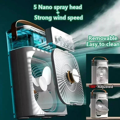Mini Climatizador Portátil 3 en 1 con Humidificador, Ventilador de 3 Velocidades y Luz LED USB