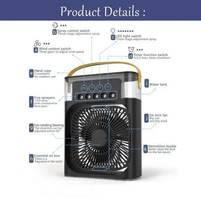 Mini Climatizador Portátil 3 en 1 con Humidificador, Ventilador de 3 Velocidades y Luz LED USB