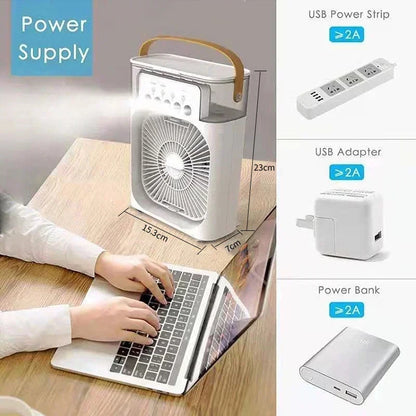 Mini Climatizador Portátil 3 en 1 con Humidificador, Ventilador de 3 Velocidades y Luz LED USB